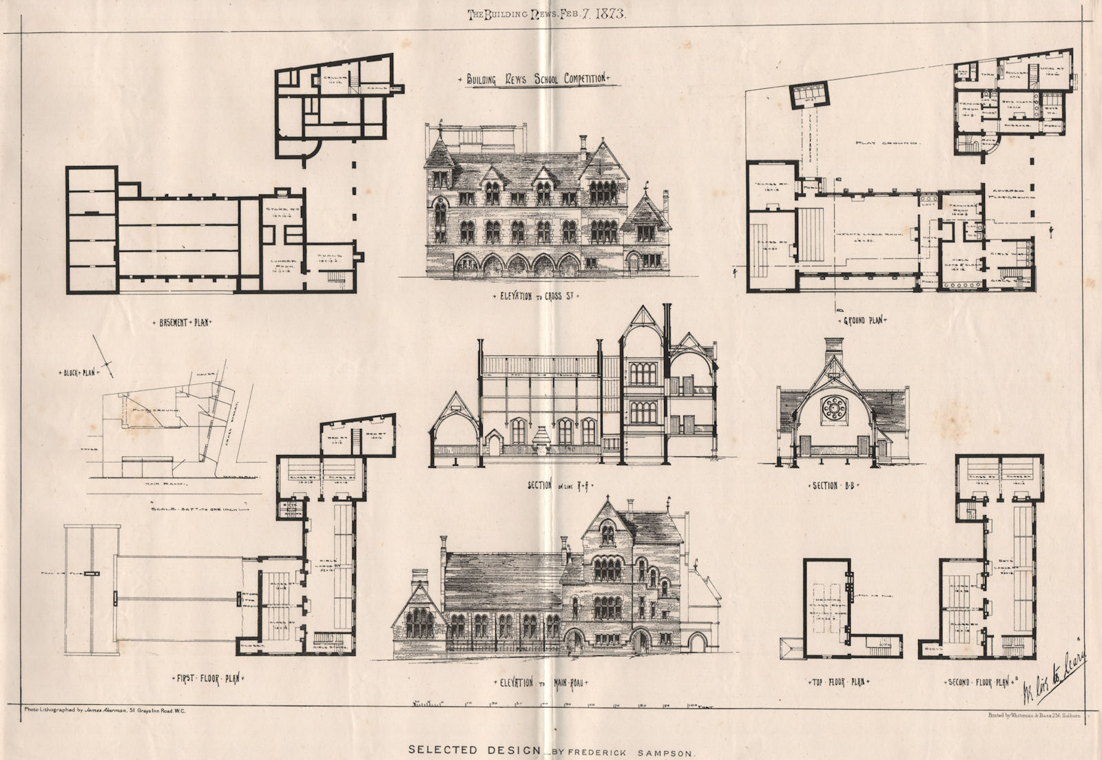 Building News school competition. Selected design by Frederick Sampson 1873